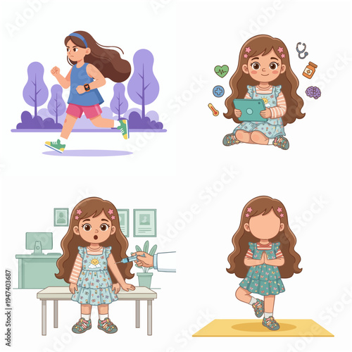 Cute Cartoon Girl Character Lifestyle Activities Collection Illustration
