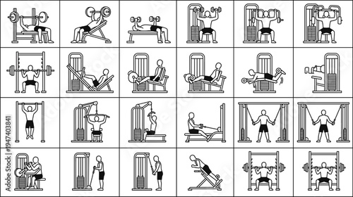 fitness, gym, workout, exercise, training, bodybuilding, equipment, strength, weightlifting, machine, routine, athlete, health, sport, illustration, icons, lineart, collection, fitness, training