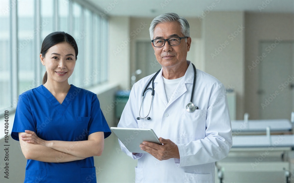 Fototapeta premium Doctor and nurse stand together in hospital hallway smiling at camera.