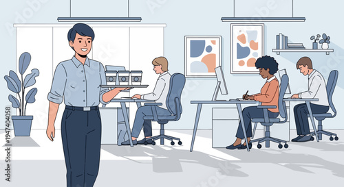 A man presents to coworkers in an office with computers and decor