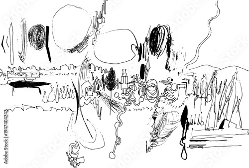 Hand-drawn panoramic line art of ancient style symbols, people, houses, robots, mountains, and abstract shapes in monochrome