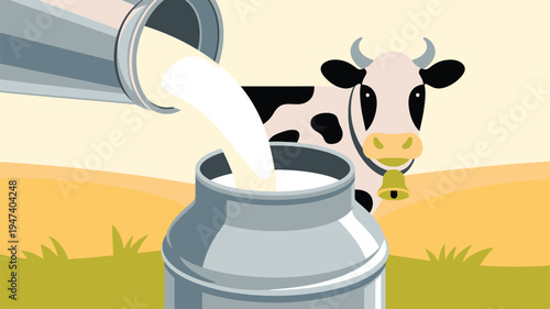 Milk pouring cow farm field