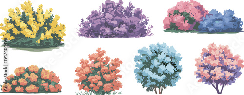 Colorful decorative bushes and shrubs vector collection, stylized garden plants set, flat nature foliage illustrations for landscape design, landscaping elements, botanical clipart pack