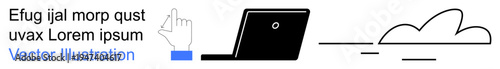 Cloud technology, data storage, online connectivity, user interaction, remote work, digital innovation. A hand pointing towards a text, laptop and cloud icon. Cloud technology and data storage