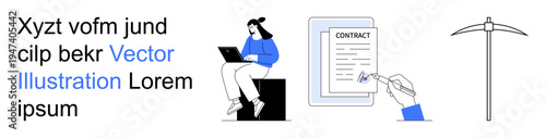 Remote work, contract agreement, digital transformation, business workflow, mining, professional tools. Woman with a laptop, hand signing a document pickaxe symbol. Remote work and contract