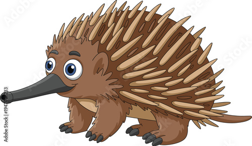 Cute spiky echidna cartoon character with long snout and big eyes isolated, playful porcupine style wildlife animal illustration for children, mascot and design projects