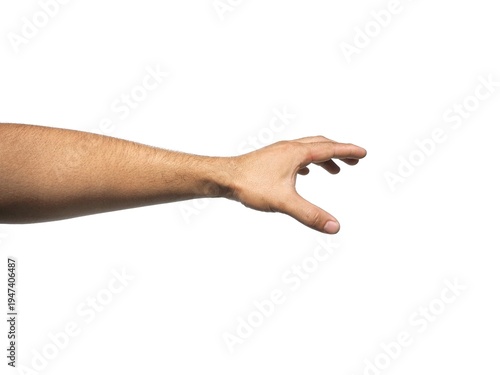 Male hand reaching for something on business concept Isolated on a white background.	