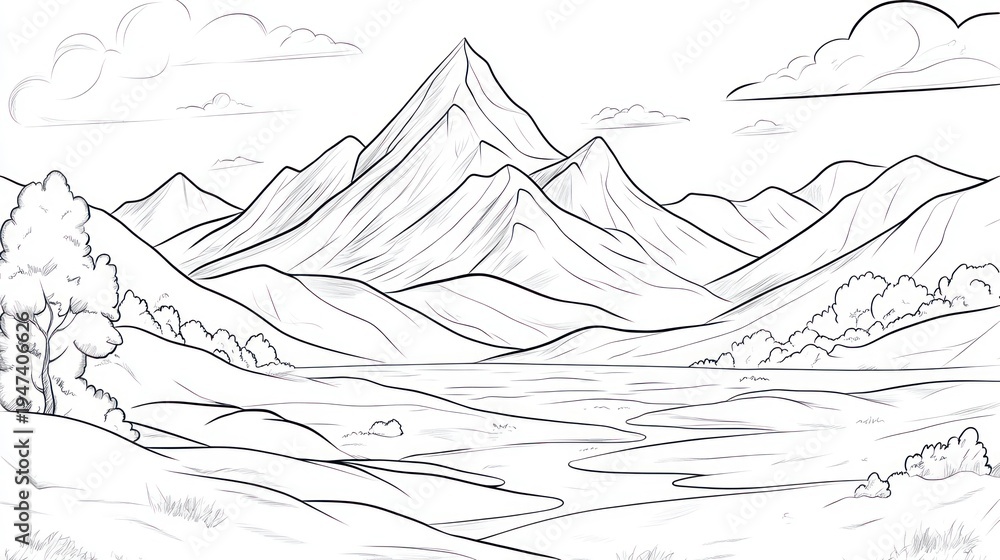 Fototapeta premium Monochrome mountain range landscape illustration with clouds and valley