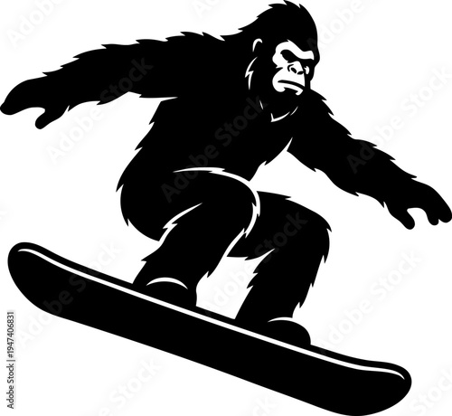 Bigfoot Snowboarder Silhouette Black Vector Illustration