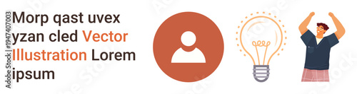 Creativity, teamwork, identity, innovation, personal growth, leadership. Light bulb icon, circular user profile person celebrating success. Innovation and teamwork concept