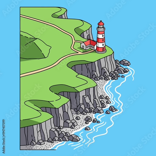 An illustrated view of a lighthouse perched on a cliff overlooking the ocean.