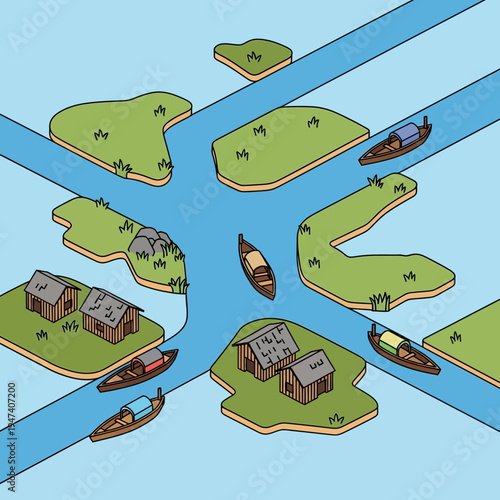 An isometric illustration of a river intersection with boats, houses, and islands.
