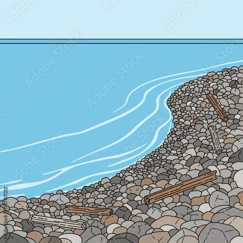 A coastal scene featuring a pebble beach, ocean waves, and driftwood logs.