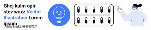 Medical innovation, scientific ideas, creativity, modern healthcare, pharmaceutical solutions, education. Lightbulb icon, graphic capsules person pointing. Medical innovation and scientific ideas
