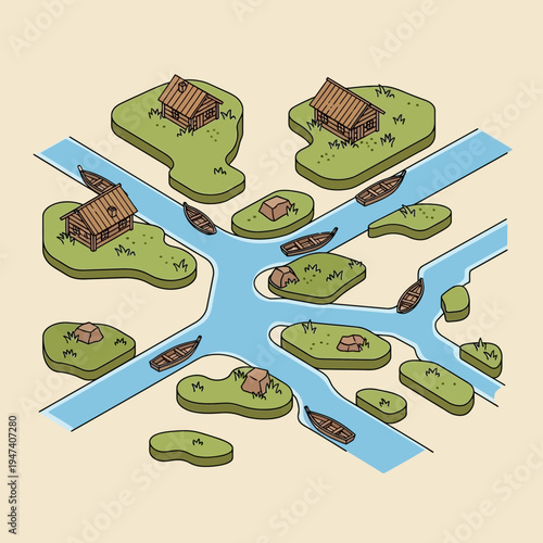 Isometric illustration of a river system with islands, houses, and boats.