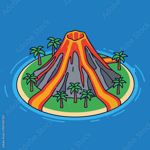 An illustrated volcano erupting with lava flowing down the side of an island.