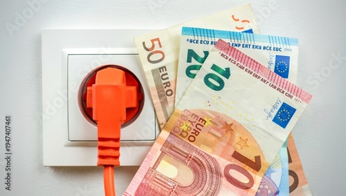 Cuadro en lienzo Euro banknotes placed next to an electric plug inserted into a wall socket, visu