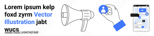 Digital marketing, online campaigns, user identification, media sharing, social strategy, mobile ads. Megaphone, user icon and smartphone interface. Digital marketing and online campaigns theme