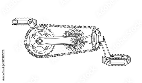 Bicycle gear mechanism diagram outline vector showing chainring chain and rear gears