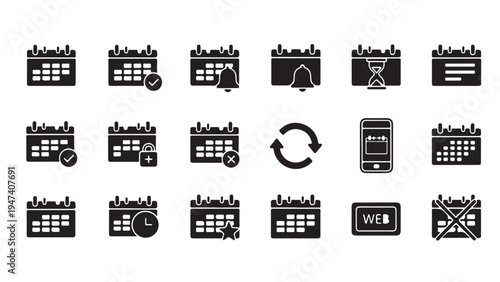 Calendar and scheduling glyph icon set for event management, deadline tracking, appointment planning, and time organization