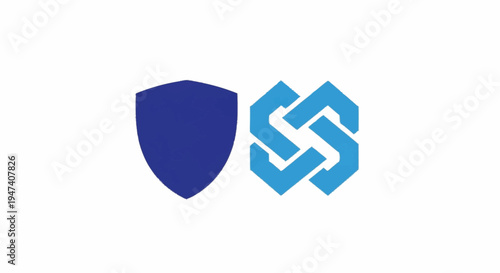 Blue shield and geometric logo symbol.