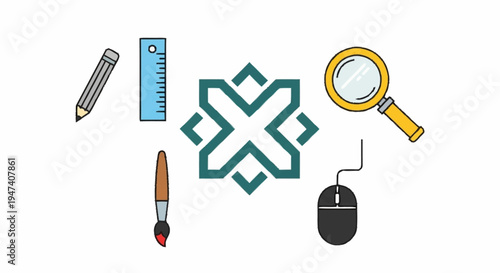 Graphic design and office supplies icons.