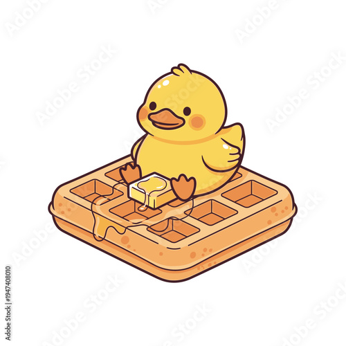 Charming cartoon yellow duck figure perched on a delicious golden waffle, complete with a pat of melting butter and sweet dripping syrup, a delightful morning treat