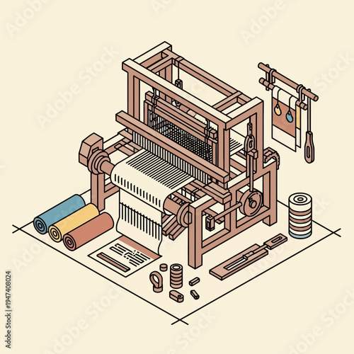 Isometric illustration of a wooden weaving loom, showcasing its intricate mechanical components.