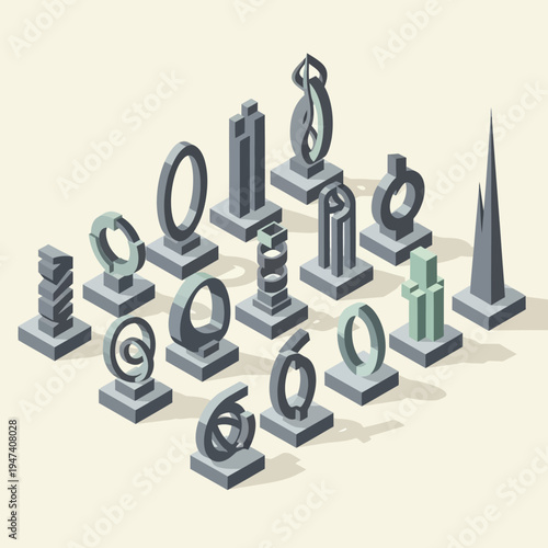 Isometric view of various abstract sculptures with different shapes and designs.