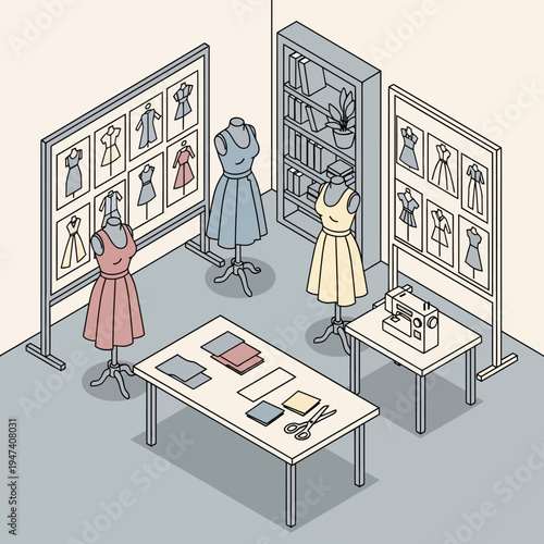 Isometric view of a fashion design studio with mannequins, sketches, and sewing equipment.
