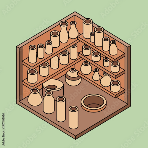 Isometric illustration of a pottery studio with shelves filled with ceramic vessels.