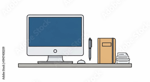 A computer monitor on a desk with office supplies.