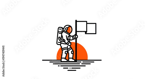 Astronaut planting flag on another planet in line art illustration