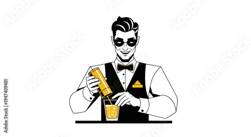 Bartender pouring drink illustration black and white vector graphic