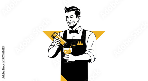 Bartender preparing cocktail illustration with clean lines and simple style