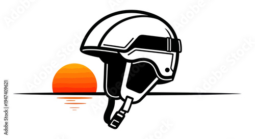 Black and white helmet design with setting sun graphic on white backdrop