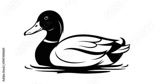 Black and white illustration of a duck on water for design projects