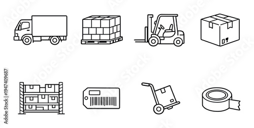 Logistics equipment icons arranged in grid on dark backdrop