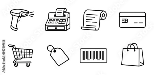 Barcode highlighted among retail icons on dark panel