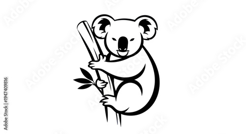 Black and white koala bear clinging to a branch isolated on white