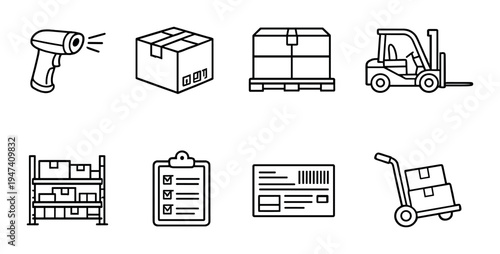 Warehouse handling icons showing scanner box pallet and forklift