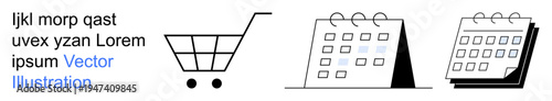 E-commerce, scheduling tools, online planning, retail management, office utilities, business solutions. A shopping cart icon alongside two calendar styles. E-commerce and scheduling tools concept