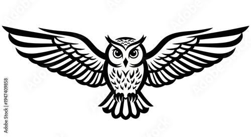 Black and white owl illustration with spread wings on plain white background