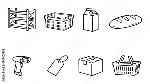 Grocery and retail icons arranged in grid on dark background