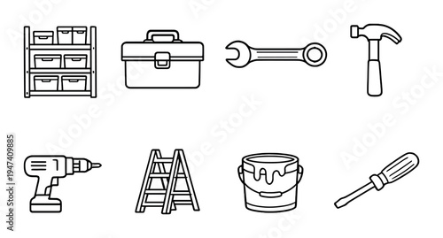 Workshop and tools icons arranged in grid on dark background