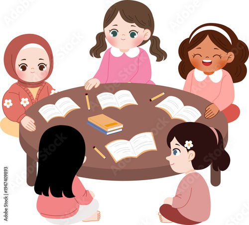 kid study together at table desk