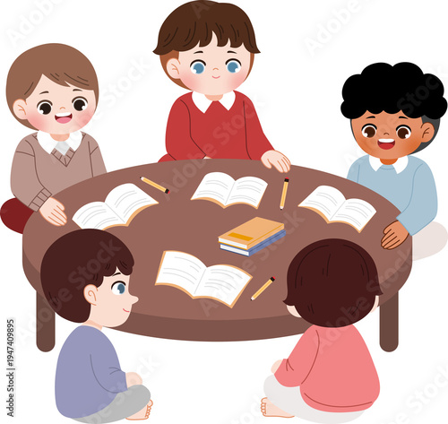 kid study together at table desk