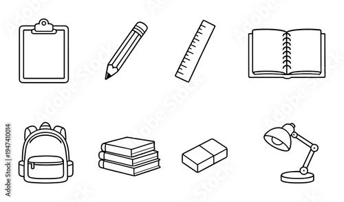 School stationery icons arranged in two rows on dark background