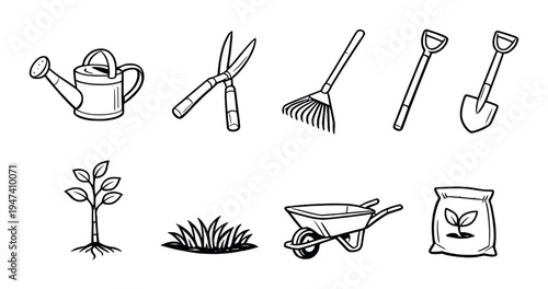 Garden tools and plants icons arranged on gray backdrop
