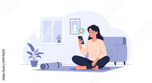 Flat vector illustration of a young woman sitting cross-legged on a yoga mat in a living room, using a smartphone with a heart like notification icon, featuring a sofa and houseplants.